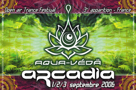 Communication Flyer, affiche et site web pour le festival de musique électronique Arcadia 
de l'association Aqua-Veda