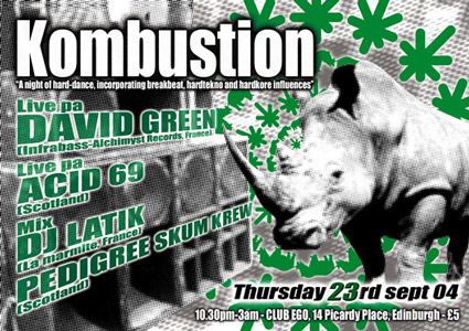 Flyer pour une soirée Kombustion à Edimbourg en Écosse.